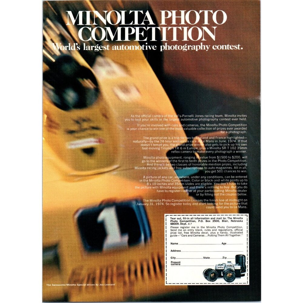 1973 Minolta SR-T SLR 35mm Camera Vintage Print Ad Parnelli Jones 70s Wall Art